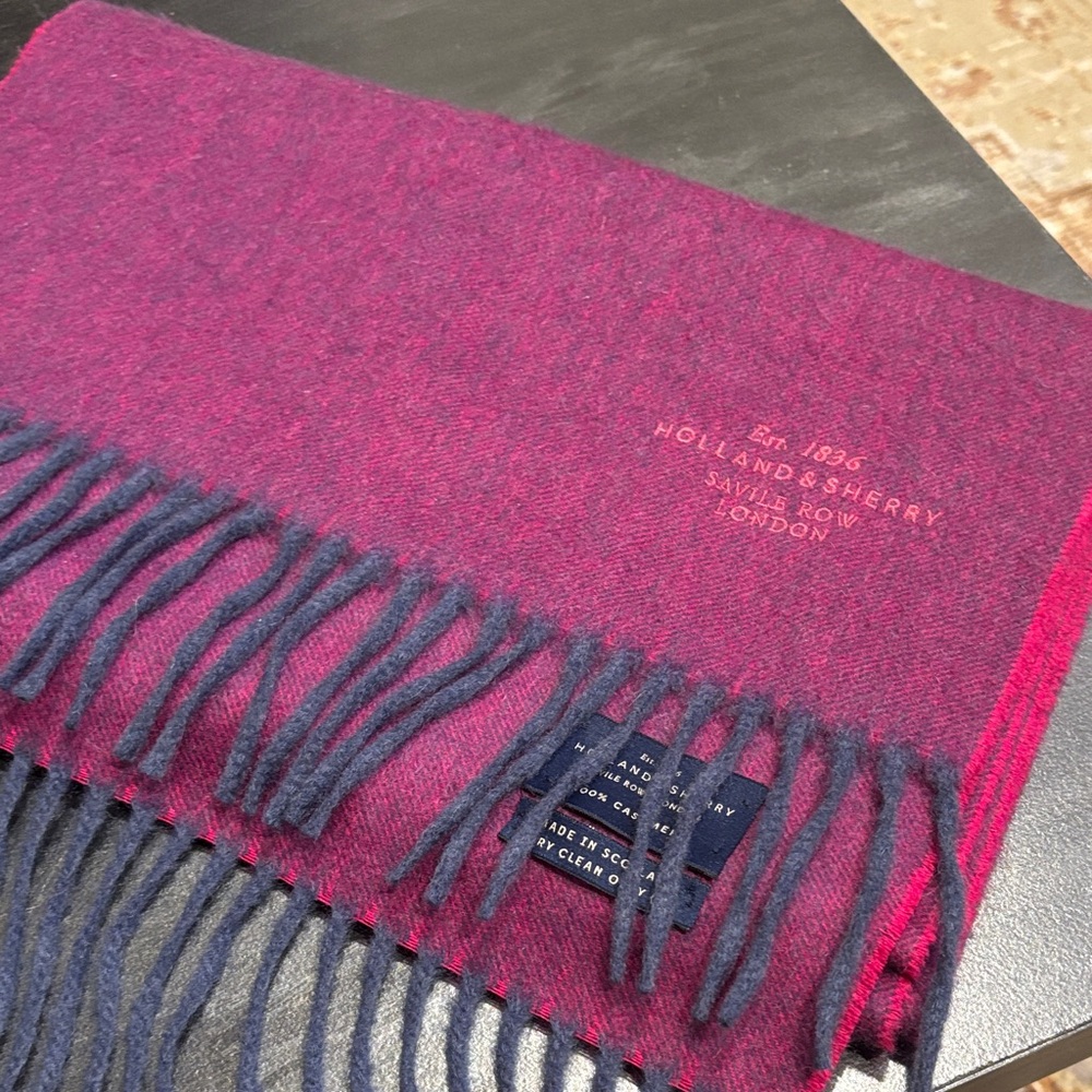 Fuchsia and Navy Wool Scarf. Saville Row London.
100% Cashmere.  New. No tag.